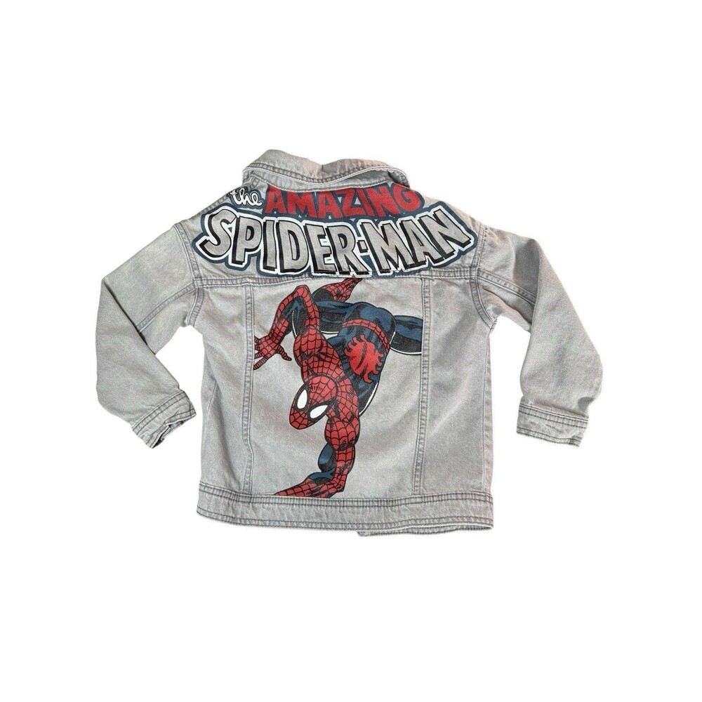 Marvel Spider Man Boys Gray Denim Jean Jacket Size 6 EUC